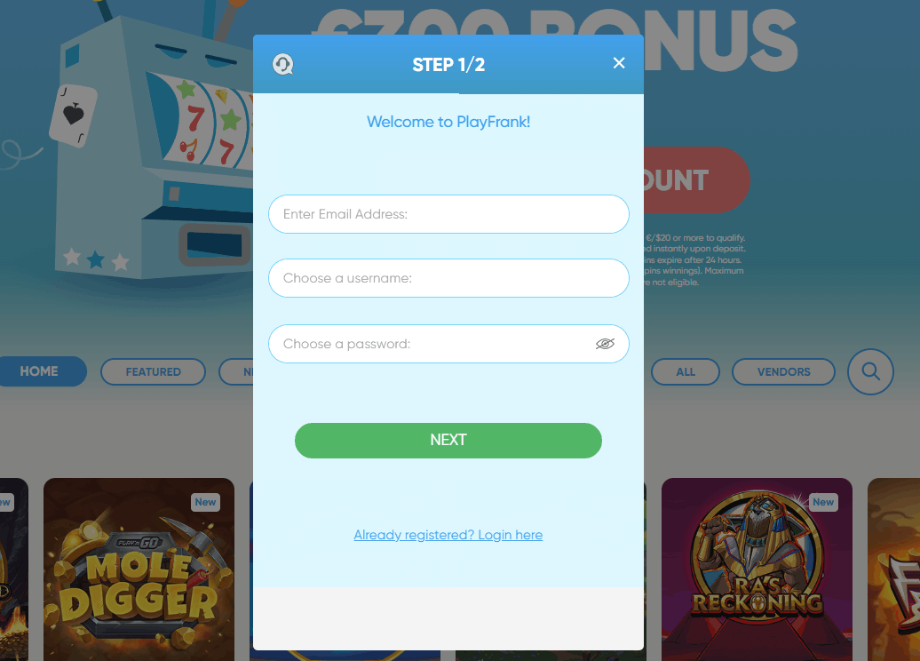 PlayFrank Casino Login Seite auf Desktop Computer und Mobilgerät